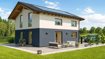 Modernes Einfamilienhaus mit zweifarbiger Fassade, Photovoltaikanlage und möblierter Terrasse im Grünen.