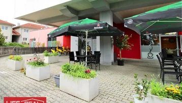 Außenbereich eines Cafés mit Tischen, Stühlen, großen Sonnenschirmen und Blumenkübeln auf gepflastertem Boden.