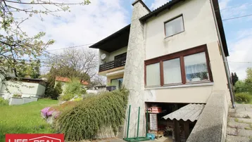 Hausfassade mit Balkon, Steinkamin und Hanglage, umgeben von Grünflächen.