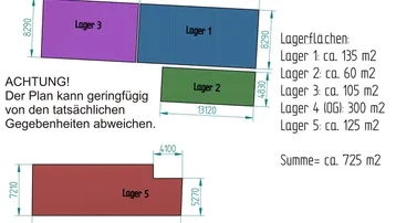 Grundrissplan mit detaillierten Abmessungen und Flächenangaben für verschiedene Lagerbereiche.