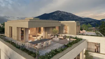 Moderne Architektur mit mehreren Terrassen und einem atemberaubenden Bergblick in der Ferne.