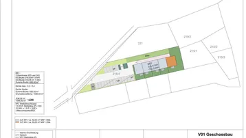 Lageplan mit Gebäudegrundriss, Wohneinheiten und eingezeichneten Parkplätzen.