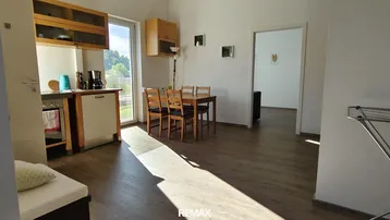 Offener Wohnbereich mit kleiner Küche, Esstisch und Blick ins Grüne durch das Fenster.