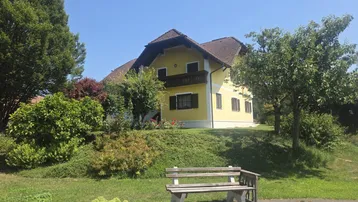 Gelbes Einfamilienhaus mit braunem Dach und gepflegtem Vorgarten unter blauem Himmel.