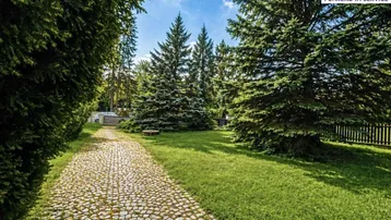 Gepflasterte Auffahrt führt durch einen grünen Gartenbereich mit hohen Nadelbäumen unter blauem Himmel.