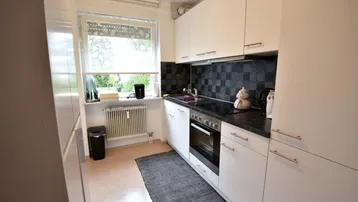 Helle Küche mit weißen Schränken, dunkler Arbeitsplatte und Fenster mit Blick ins Grüne.