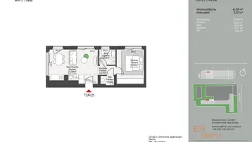 Detaillierter Grundriss einer Wohnung mit offener Wohnküche, Schlafzimmer, Bad und separatem WC.