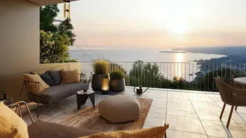 Geräumige Terrasse mit stilvollen Möbeln und atemberaubendem Blick auf den See bei Sonnenuntergang.