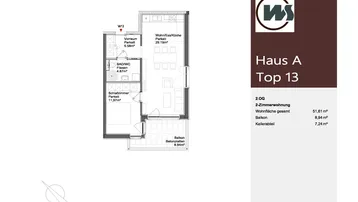 Grundriss einer 2-Zimmer-Wohnung im 2. Obergeschoss mit offenem Wohn-/Essbereich und Balkon.