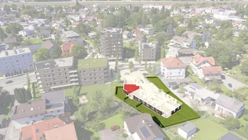 Luftaufnahme der Wohnanlage in ländlicher Umgebung mit Blick auf Berge und umliegende Häuser.