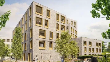 Moderne Wohnanlage mit heller Ziegelfassade, großen Fenstern und grüner Umgebung.