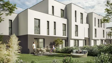 Moderne Wohngebäude mit privaten Gärten und Terrassen, umgeben von gepflegter Bepflanzung.