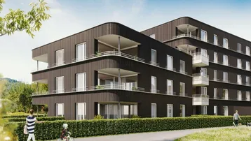 Moderne Wohnanlage mit dunkler Fassade, geschwungenen Balkonen und grüner Umgebung.