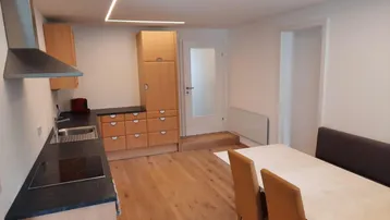 Funktionale Küche mit Holzschränken, Induktionskochfeld und angrenzendem Essbereich.