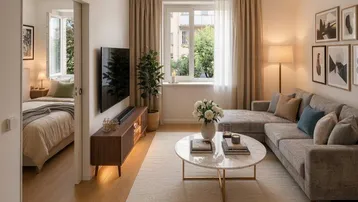 Modernes, helles Wohnzimmer mit beigem Sofa, Holzboden und Blick in ein Schlafzimmer.