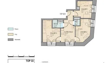 Grundrissplan einer 3-Zimmer-Wohnung mit Bad und separatem WC, inklusive Flächenangaben.