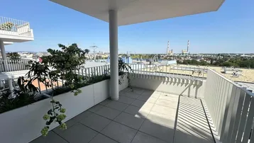 Große Dachterrasse mit Fliesenboden, Pflanzenkübeln und weitem Blick über die Stadt.