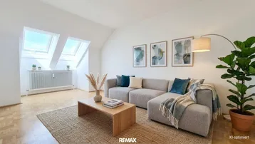 Helles Wohnzimmer mit Dachschrägen, Dachfenstern und modernem Sofa in einem Dachgeschoss.