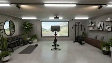 Moderner Fitnessraum im Keller mit Trainingsgeräten, Projektor und Pflanzen für eine angenehme Atmosphäre.
