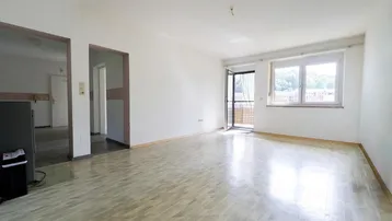 Helles, leeres Wohnzimmer mit Parkettboden und Zugang zum Balkon.