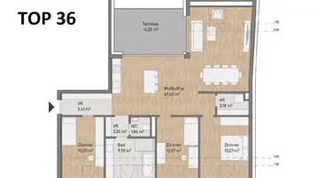 Grundriss einer Wohnung mit offener Wohnküche, drei Zimmern, Bad, separatem WC und Terrasse.