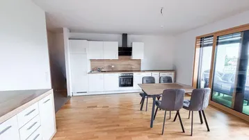 Heller offener Wohnbereich mit moderner Einbauküche, Essbereich und Zugang zur Terrasse.