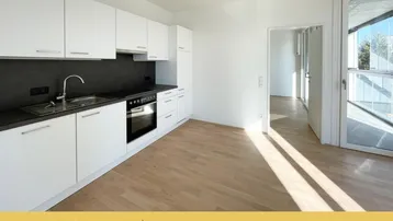 Moderne Einbauküche mit weißen Schränken, dunkler Arbeitsplatte und hellem Holzfußboden in einem offenen Raum.