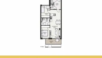 Grundriss einer Wohnung mit zwei Zimmern, Wohnküche und Balkon.