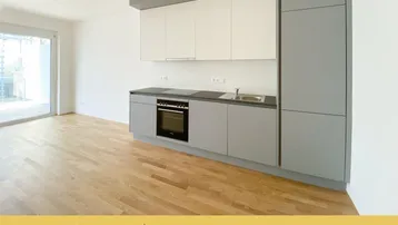Moderne Einbauküche mit grauen Unterschränken, weißen Oberschränken und hellem Parkettboden.