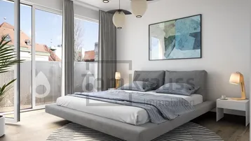 Modernes Schlafzimmer mit Holzboden, großem Bett und Zugang zu einem französischen Balkon.