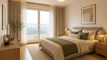 Modernes Schlafzimmer mit Doppelbett, Holzboden und Zugang zu einem französischen Balkon.
