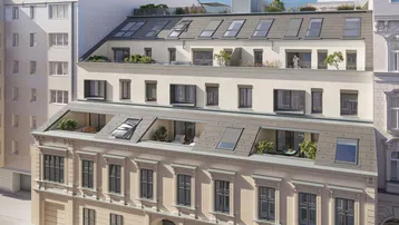 Moderne Gebäudefassade mit mehreren Balkonen und Dachterrassen in einer städtischen Umgebung.