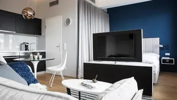 Modernes Studio-Apartment mit integrierter Küchenzeile, Essbereich und Schlafbereich, durch TV-Möbel getrennt.