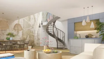 Moderner offener Wohn- und Essbereich mit integrierter Küche und eleganter Wendeltreppe.