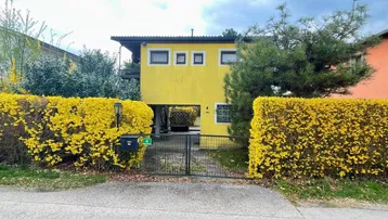Gelbes Haus mit blühenden Forsythienhecken und einem Eingangstor zur Einfahrt.