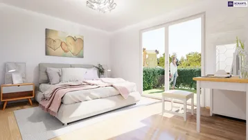 Helles Schlafzimmer mit großen Fenstern, Holzboden und direktem Zugang zum Gartenbereich.