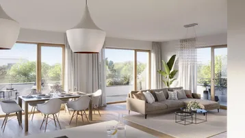 Helles, offenes Wohn-Esszimmer mit moderner Einrichtung, Holzboden und Zugang zu einem Balkon.