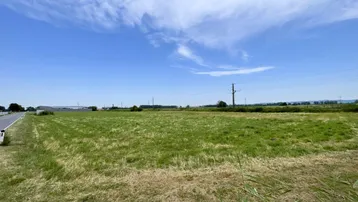 Weitläufiges grünes Feld unter blauem Himmel mit einer Straße und Stromleitungen in der Ferne.