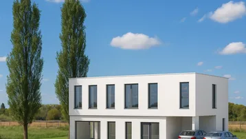 Modernes weißes Gebäude mit klaren Linien, großen Fenstern und Parkplätzen. Zwei hohe Bäume stehen vor dem Haus.