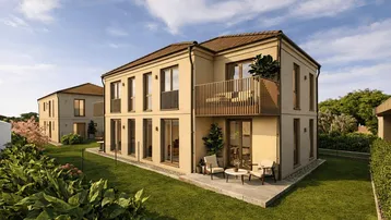 Moderne Doppelhaushälfte mit Terrasse, Balkon und gepflegtem Gartenbereich, umgeben von viel Grün.