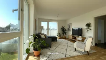 Helles Wohnzimmer mit Eichenparkett, großen Fenstern und Zugang zum Balkon.