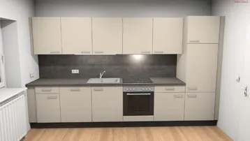 Moderne Einbauküche in Beige mit dunkler Arbeitsplatte und integrierten Geräten.