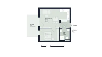 Grundriss einer Wohnung mit Wohnküche, Schlafzimmer, Bad und Terrasse.