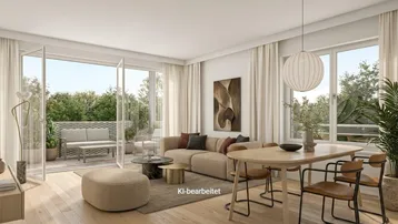 Heller, moderner Wohn-Essbereich mit Holzboden, großen Fenstern und direktem Zugang zu einem Balkon mit Grünblick.