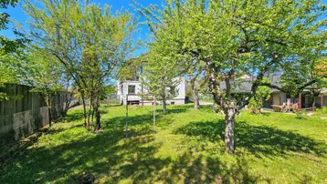 Gepflegter Gartenbereich mit Rasenfläche und Obstbäumen, im Hintergrund ist das Wohnhaus sichtbar.