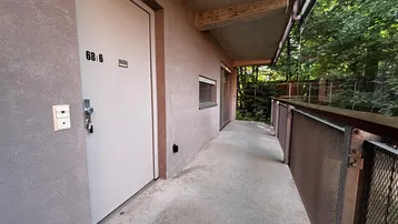 Zugang zur Wohnung 68/6 über einen langen Balkon, umgeben von üppigem Grün.