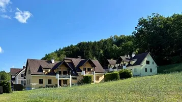 Reihenhäuser am Hang mit grüner Umgebung, Wald im Hintergrund und blauem Himmel.