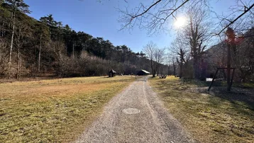 Breiter Schotterweg führt durch eine weite Wiese mit Bäumen und Bergen im Hintergrund.