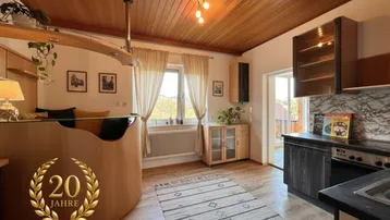 Heller offener Wohnbereich mit Holzbalkendecke, integrierter Küche und Zugang zu einem Außenbereich.