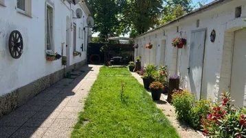 Schmaler Gartenweg zwischen zwei weißen Gebäuden mit vielen Topfpflanzen und Rasenstreifen.